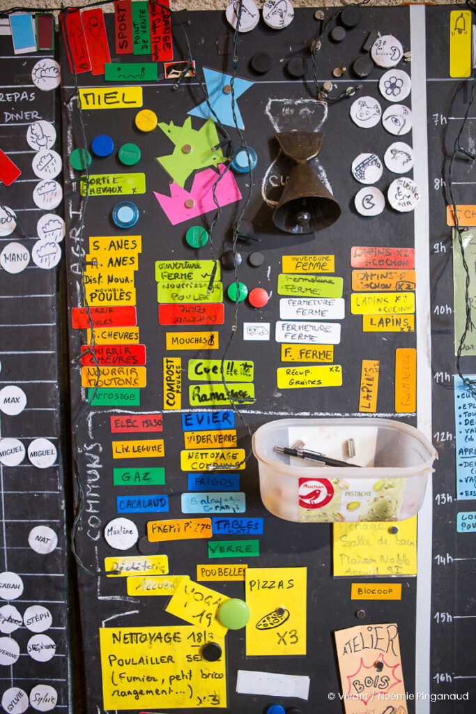 Le grand tableau permet à toutes et tous de se positionner sur les tâches à accomplir pour le collectif : ménage, jardinage, travaux sur les bâtiments ou nourrissage des animaux